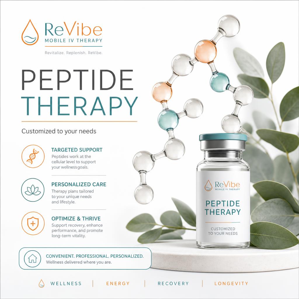 ReVibe peptide therapy menu: NAD+, Retatrutide, BPC-157, CJC-1295, TB-500